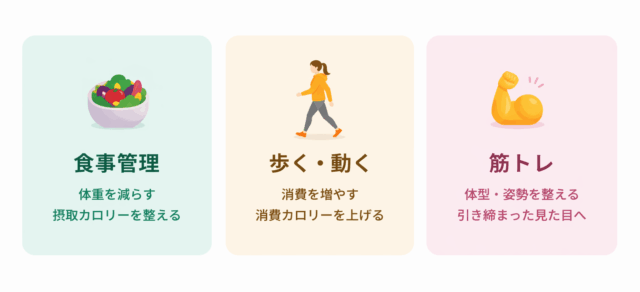 Three colorful cards illustrating wellness topics: salad health, walking and moving, and muscle training. Each card has a title and description in Japanese and a related illustration in pastel backgrounds.