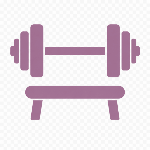 Purple bench press icon: a barbell with weights on both ends resting on a flat bench, representing weightlifting equipment.